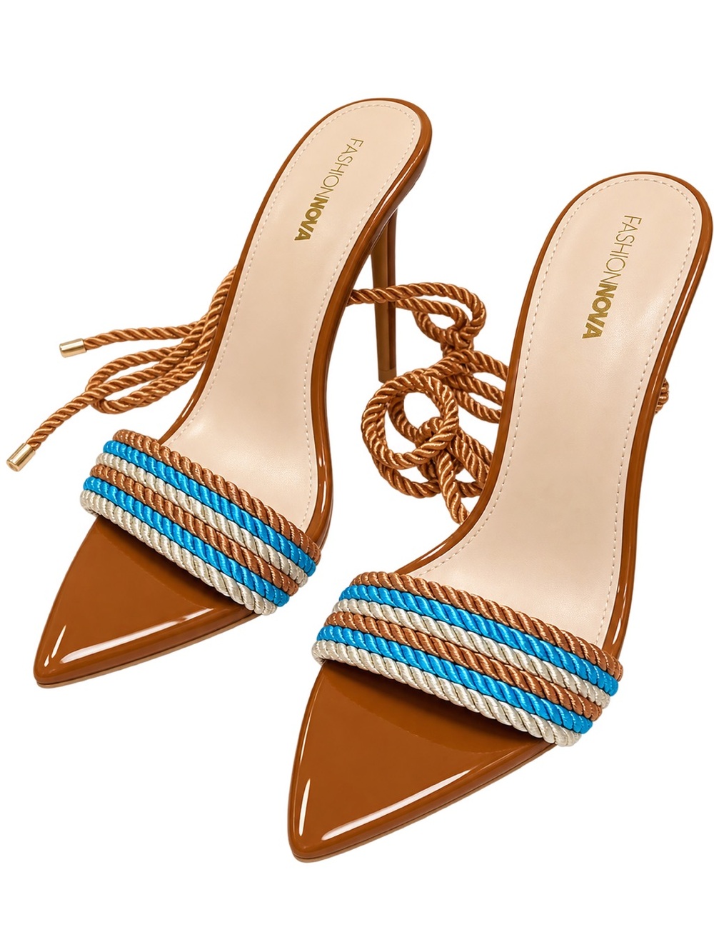 Fashion Nova Brown Pointed-Toe Rope-Trim Mules with Blue & Cream Straps